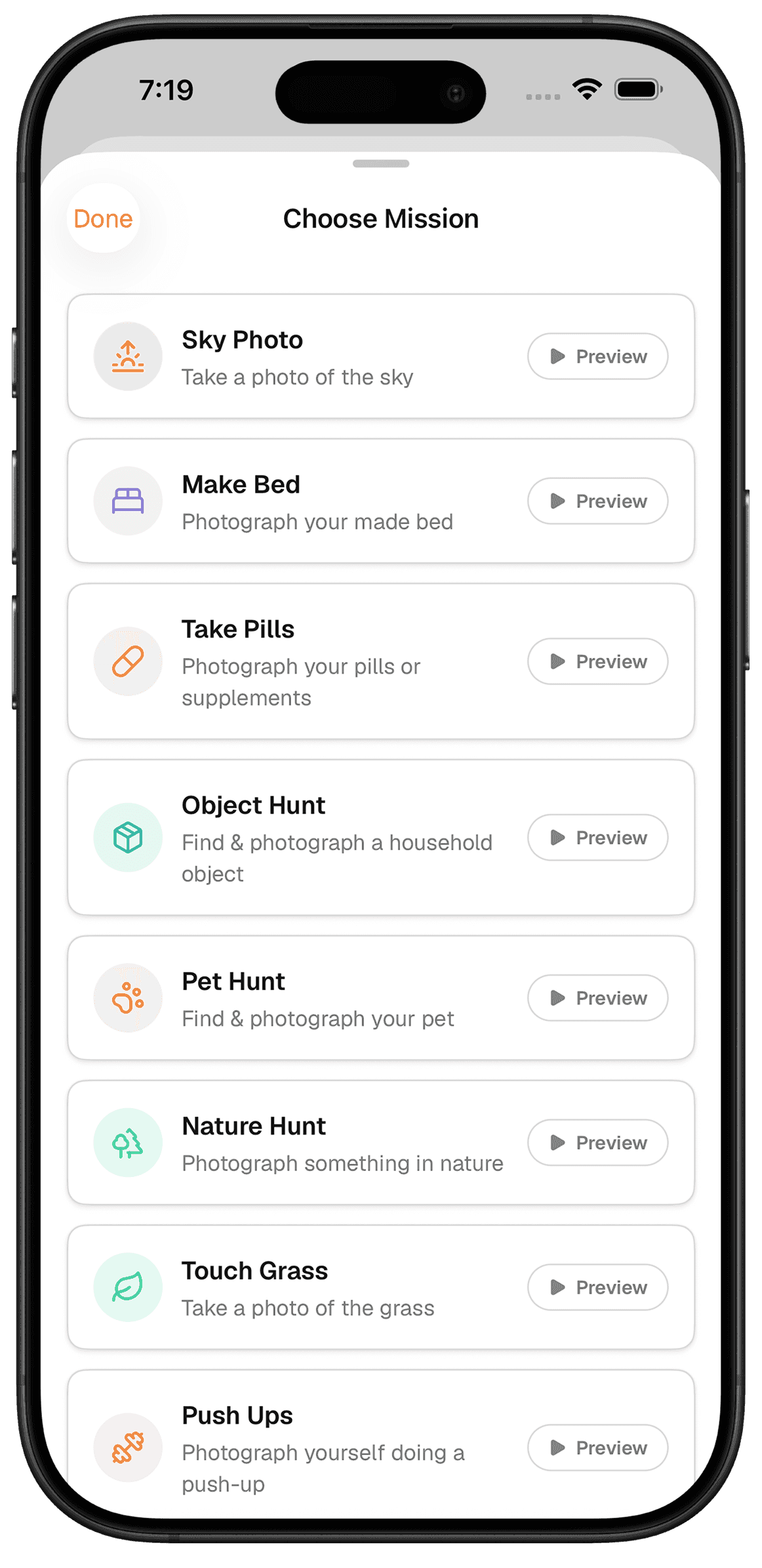 Robin's Choose Mission screen: a catalog of real-world missions like Sky Photo, Make Bed, Take Pills, Object Hunt, and Touch Grass, each with a preview.